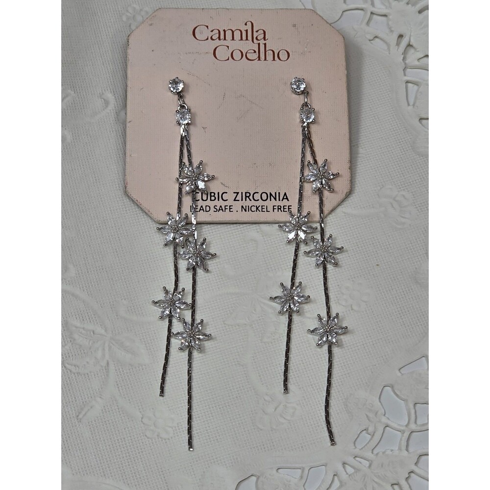 Camila Coelho Long Floral CZ Drop Earrings 4" Silver Tone Statement Bridal NOS